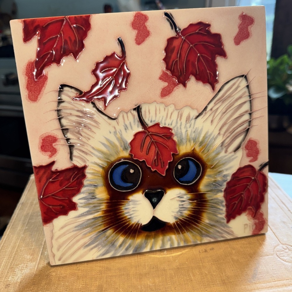 Ping Art Tile Ceramic Cat Fall Leaves Raised Line Relief Wood Backing Stand